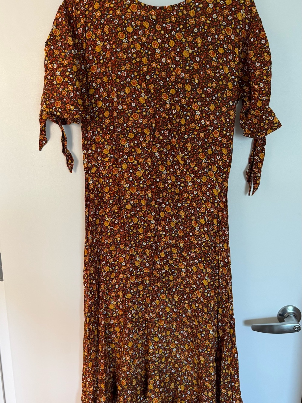 Faithfull the Brand Brown Floral Tie-Sleeve Midi Dress with Yellow Accents